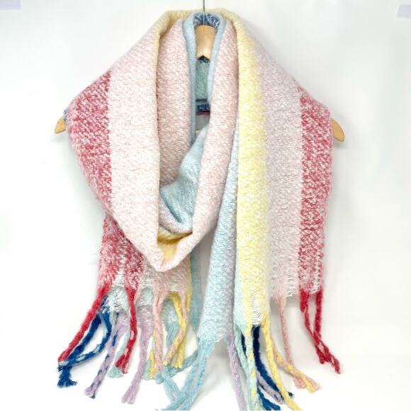 Renne's NYC Women's Soft Plush Scarf in Pastel Rainbow Rectangle Scarf w/ Fringe - Picture 6 of 10
